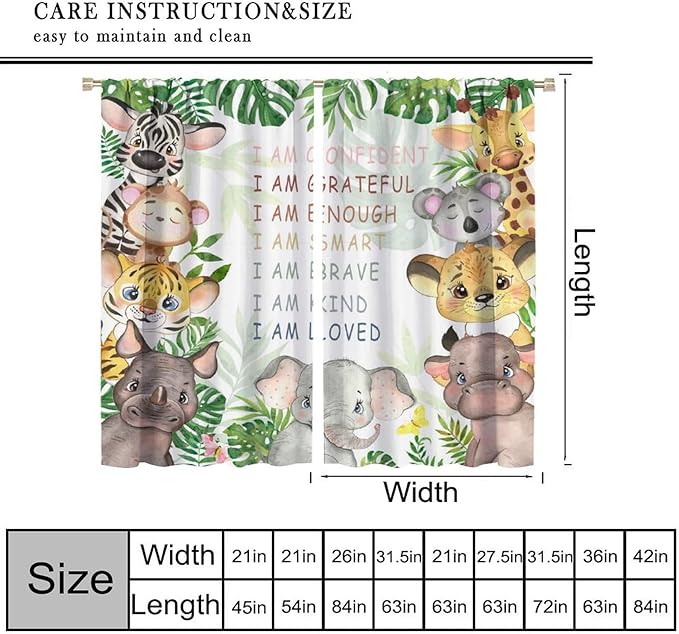Cartoon Safari Animal Curtains Cute Watercolor Wildlife Jungle Window Treatments for Kids Boys Girls Bedroom Living Room Inspirational Motivational Quotes Nursery Children Drapes W42xL54(Decor)