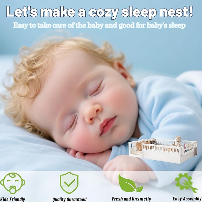 Twin Size Montessori Bed, Wood Twin Montessori Floor Bed with High Rails & Storage Shelf, Baby Floor Beds with LED Light for Boys & Girls, White