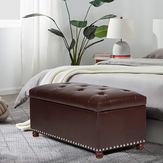 Asense Faux Leather Rectangular Hinged-lid Storage Ottoman, Button Tufted Upholstered Bench, Brown