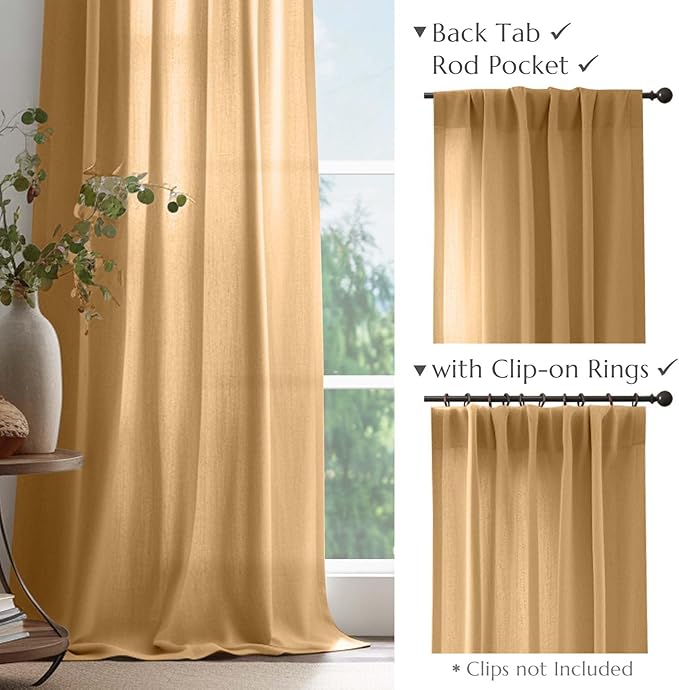 jinchan Linen Blend Curtains 90 inch Length 2 Panels for Bedroom Living Room, Light Filtering 50 inch Wide Farmhouse Drapes with Rod Pocket Back Tab(50W x 90L, Mustard Yellow)