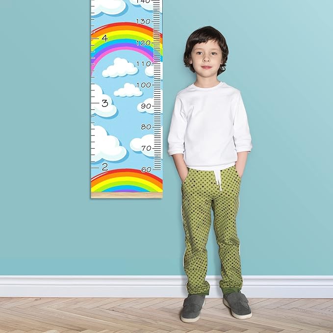 Personalized Kids Name Growth Chart Ruler for Wall Wood Frame Height Measure Chart 13.4x56 in Linen Hanging Height Growth Chart Colorful Rainbow Clouds Kids Room Decor