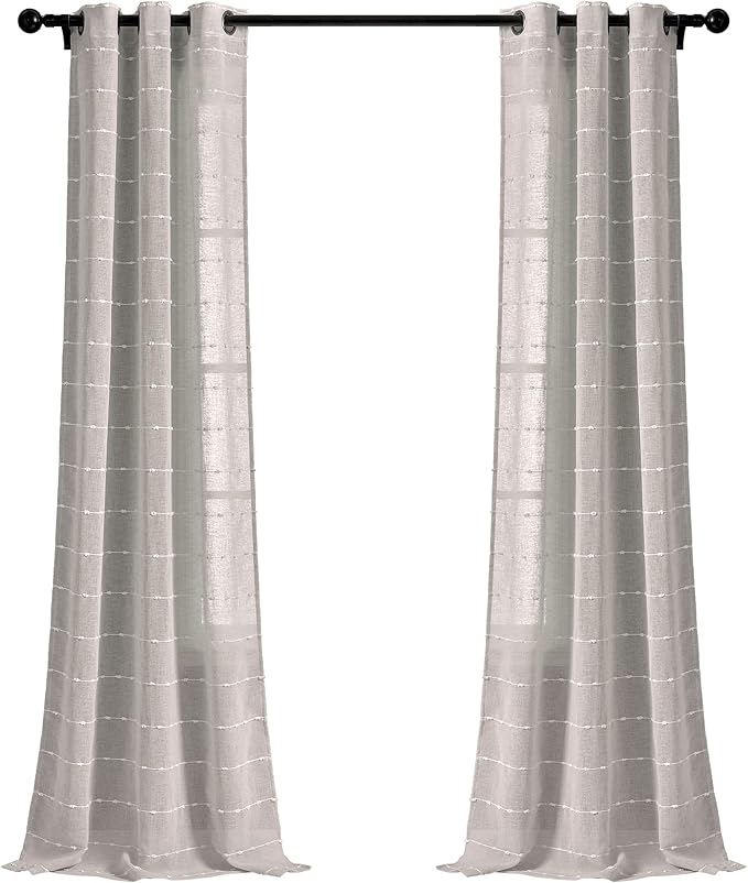 Lush Decor Farmhouse Textured Grommet Sheer Window Curtain Panel Pair, 38"W x 120"L, Gray