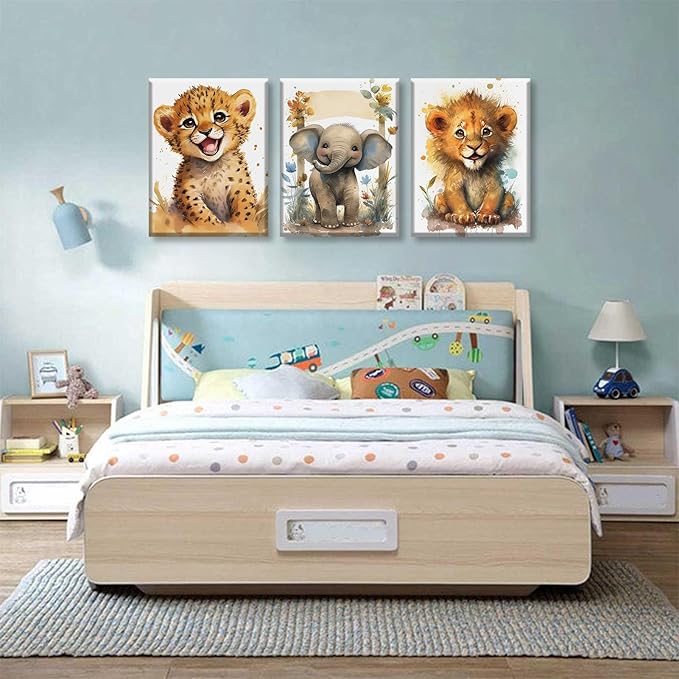 HKMXCD 3Pcs Baby Safari Animal Canvas Wall Art Jungle Watercolor Animal Wall Decor Picture Lovely Painting Artwork Kids Room Prints for Boy Girl Room Home decoration 16x24in
