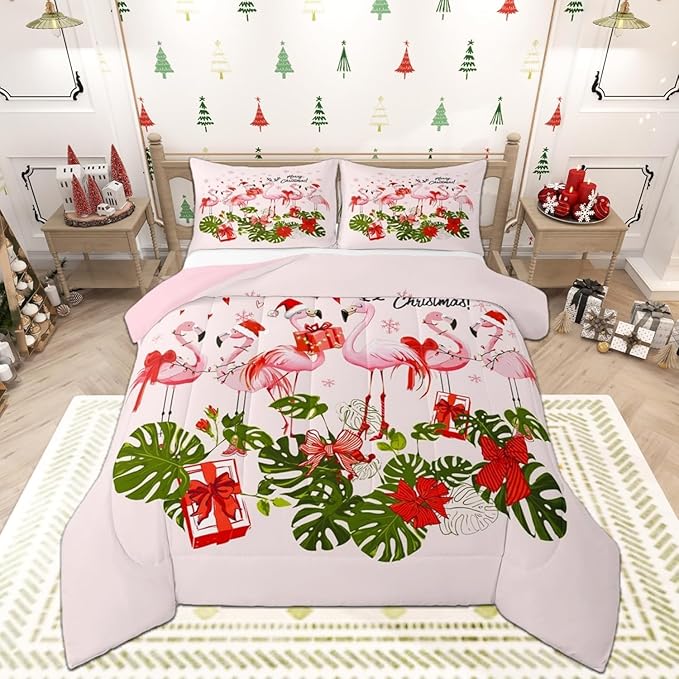 Merry Christmas Kids Comforter Set Toddler Size,Pink Flamingo Cartoon Bird Animal Bedding Set for Girls Room Decor,Winter Snowflake Green Leaves Red Bowknot Quilted Set with 1 Pillowcase