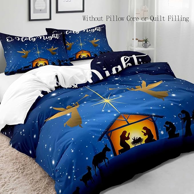LUVIVIHOME 2PCS Christmas Duvet Cover Twin Bedding Sets, Navy Blue Duvet Cover, Galaxy Oh Holy Night Nativity Scene Angel Winter Holiday Xmas Christmas Comforter Cover, Bed in a Bag, 1 Pillow Case