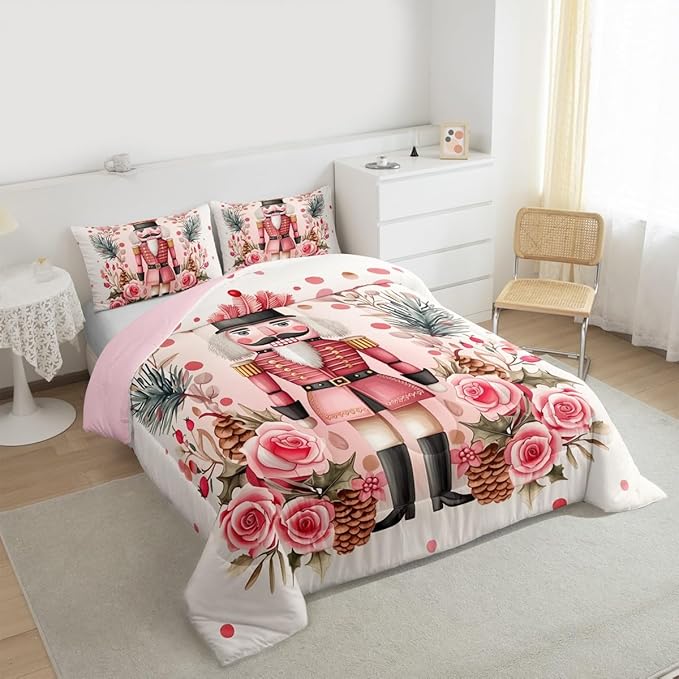 Feelyou Christmas Decor Nutcrackers Comforter Set All Season Pink Christmas Bedding Set with 2 Pillow Cases Funny Nutcracker Kids Full Bedclothes Rose Decor Berries Duvet Quilt Soft Lightweight