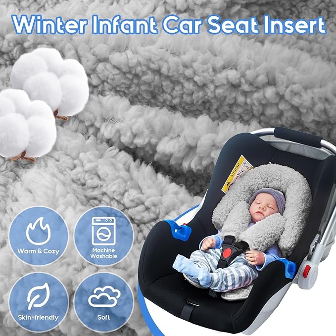 Winter Carseat Head Support for Infant, Infant Car Seat Insert with 2 Car Seat Strap Pads, Plush Fleece Baby Car Seat Cushion for Boys Girls, Multi-use Stroller Padding for Swing, Bouncer, Rocker