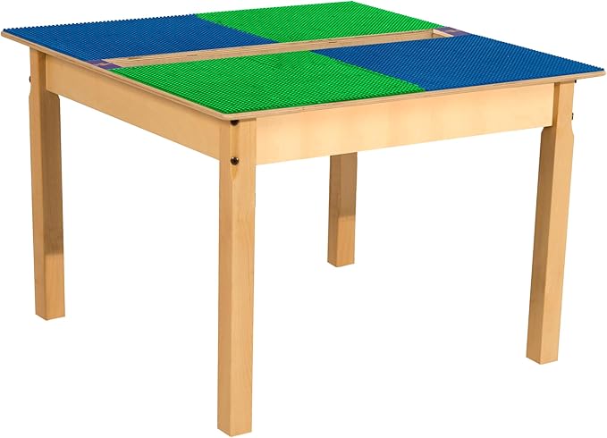 Contender Time-2-Play 35" Square Birch Plywood Blue and Green Compatible with Duplo Table with Trough for Kids, Montessori Wooden Play Desk for Classroom, Pre-School, Daycare [20" Long Legs]