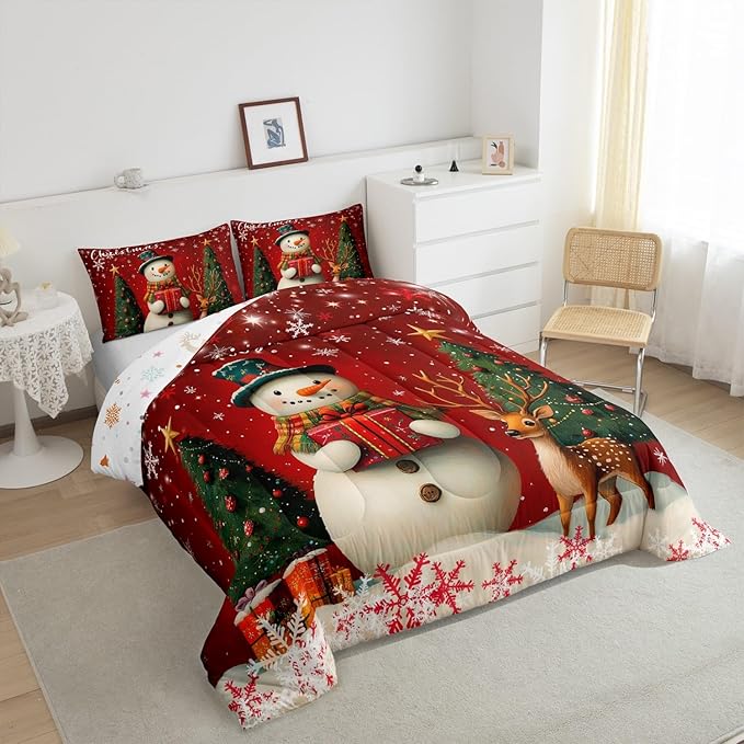 Manfei Merry Xmas Bedding Set King Size,Cute Deer Snownman Comforter Set for Kids Boys Teens Adult Room,Christmas Tree Gift Down Comforter Soft Quilt with 2 Pillow Cases
