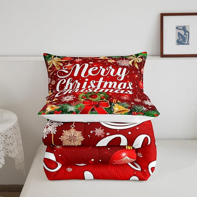 Christmas Wreath Comforter Set Queen Size,Red Bowkont Gold Bell Bedding Set for Kids Boys Girls Room Decor,Snowflake Merry Christmas Duvet Insert 3Pcs,Green Leaves Xmas Theme Quilt Set,2 Pillowcases