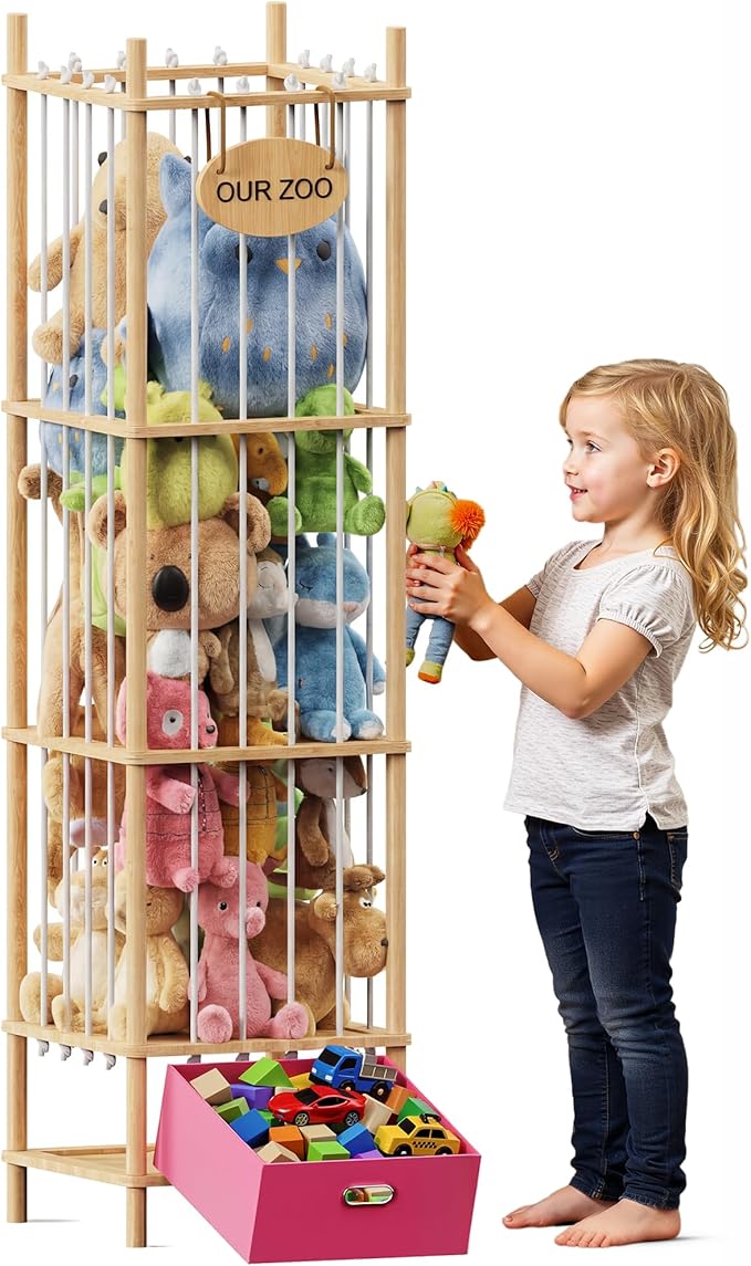 Brelley Stuffed Animal Storage Wood Toy Storage Organizer with Drawer, Large Toy Chest Stuffed animal holder for Kids Nursery Playroom Bedroom