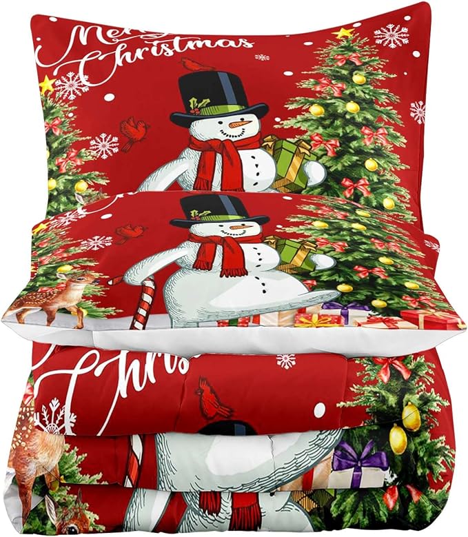 LUVIVIHOME 2PCS Merry Christmas Comforter Set Twin Size, Boys Girls Kids Bedding, Cartoon Funny Cute Snowman Deer Elk Cardinal Snowflake Xmas Tree Christmas Bedroom Decor, Red Quilt, 1 Pillow Sham