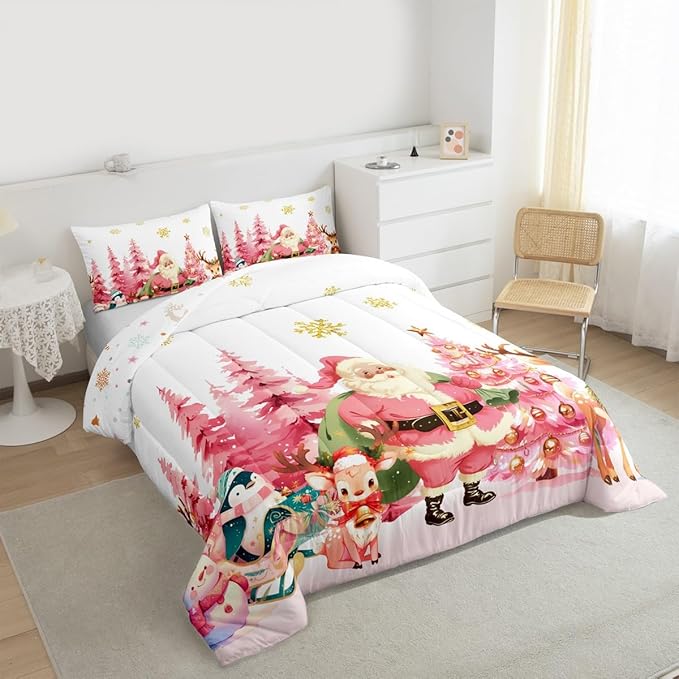 jejeloiu Merry Christmas Comforter Set Toddler Size Santa Claus Bedding Set for Kids Boys Girls Cute Deer Duvet Quilt White Bedroom Decor