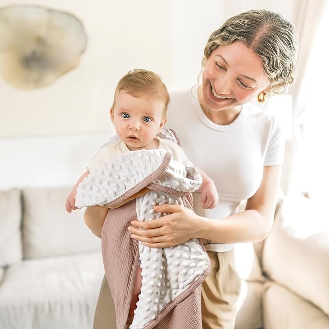 lulumoon Muslin Baby Blanket for Girls: Minky Dot Backing Thermal - Newborn Blanket for Baby Shower & Registry Gift 30"x40"(Sand)