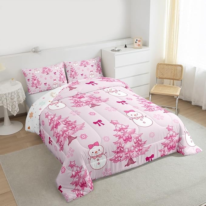 Feelyou Merry Christmas Bedding Set Soft for Boys Girls, Cute Snowman Comforter Set Twin Size Cartoon Bowknot Duvet Quilt Microfiber Christmas Tree 2 Pcs with 1 Pillow Cases