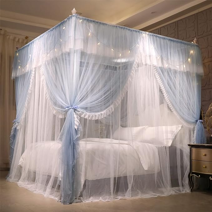 VETHIN 4 Corners Post Ruffle Princess Bed Canopy Curtain-Double Layer Cozy Drape Netting 4 Opening Mosquito Net for Girls Adults Bedroom Decoration (Gray/White,64" W*82" L*82"*H/Queen)