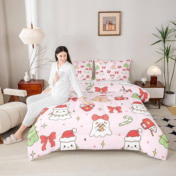 Feelyou Christmas Bedding Set Soft for Boys Girls, Cute Bow Comforter Set Full Size Cute Ghost Duvet Quilt Microfiber Coquette Bow Knot Bedroom Decor Candy Print 3 Pcs with 2 Pillow Cases