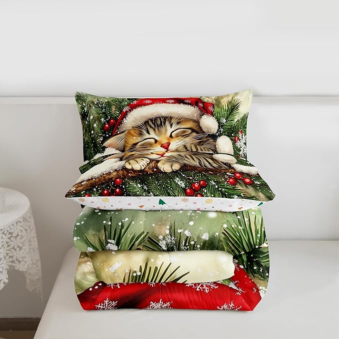 Xmas Cat Kid Comforter Set Twin Size,Snowflake Holly Berry Winter Bedding Set Boy Girl Room Decor,Christmas Poinsettia Animal Quilt Comforter,Green Yellow Duvet Set Bedroom Quilt Set,1 Pillowcase