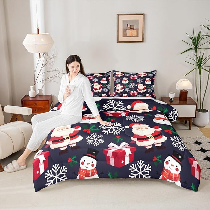 jejeloiu Merry Christmas Comforter Set Twin Size Xmas Santa Claus Bedding Set for Kids Boys Girls Cute Snowman Duvet Quilt Dark Blue Bedroom Decor