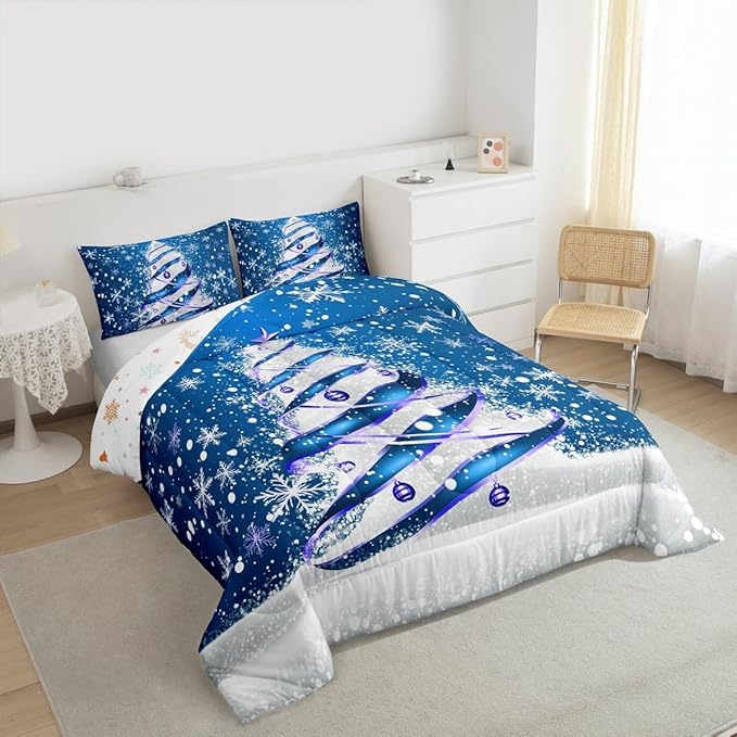 Feelyou Merry Christmas Kids Comforter Set Toddler Size Christmas Tree Bedding Set Snowflake Duvet Quilt for Kids Boys Girls Bedroom Winter Decor Microfiber Ultra Soft Breathable