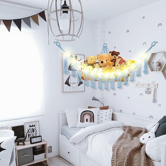 Stuffed Animal Hammock with LED Light, Large Stuffed Animals Storage Corner Plushie Net for Kids Room Decor, 2 Packs Baby Blue