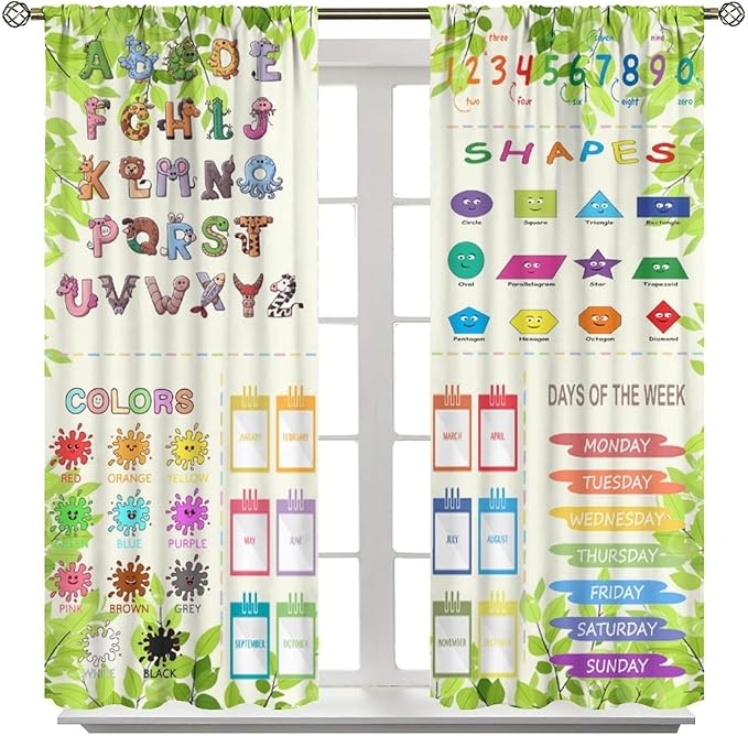Kids Alphabet Curtain Cartoon Animal Nursery Rustic Leaves Plant Funny School Education Learning Tools Printed Rod Pocket Blackout Window Drapes for Bedroom Living Room 63" W X 63" L