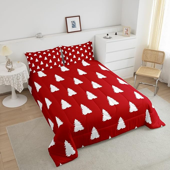 Feelyou Red Christmas Trees Bedding Set for Kids Boys Girls Toddler Size Xmas Comforter Set Ultra Soft Winter Comforter Holiday Decor Duvet Quilt Bedroom Decor Christmas Ornaments Quilt