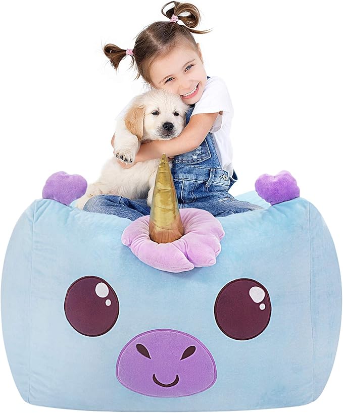 Aubliss Unicorn Stuffed Animal Storage Bean Bag Chair for Kids, Velvet Extra Soft Beanbag Chairs Cover, X-Large Stuffable Zipper Bean Bag for Organizing Plush Toys Girls Bedroom Decor, Blue