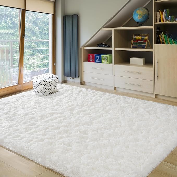 BENRON Fluffy Rugs for Living Room 5x8 Cream White, Washable Large Area Rugs for Bedroom Dining Table Office Kids Nursery Room, Washable Indoor Floor Carpets