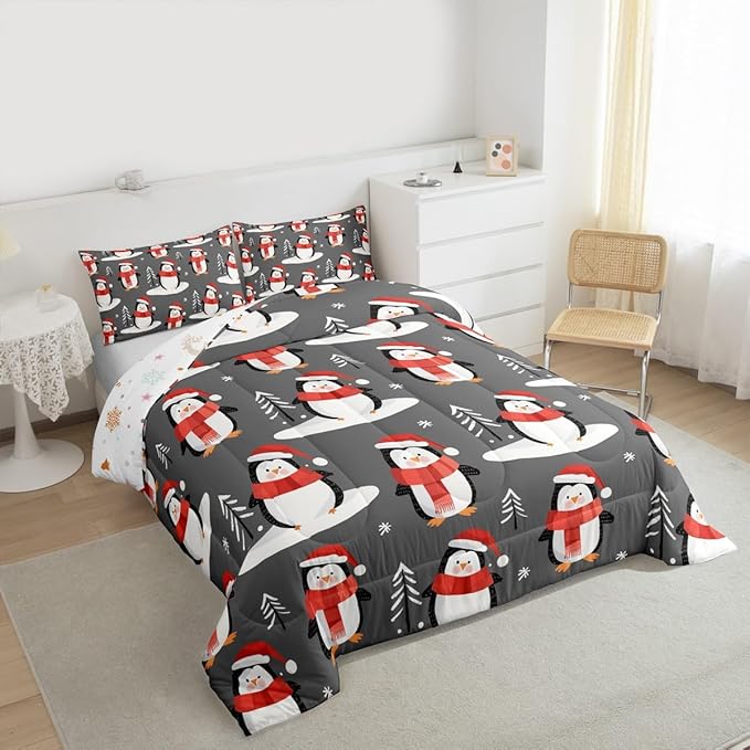 Feelyou Christmas Comforter Set All Season Penguin Bedding Set with 2 Pillow Cases Snowflake Microfiber Kids Full Bedclothes Pine Tree Bedroom Decor Duvet Quilt Breathable Soft Lightweight