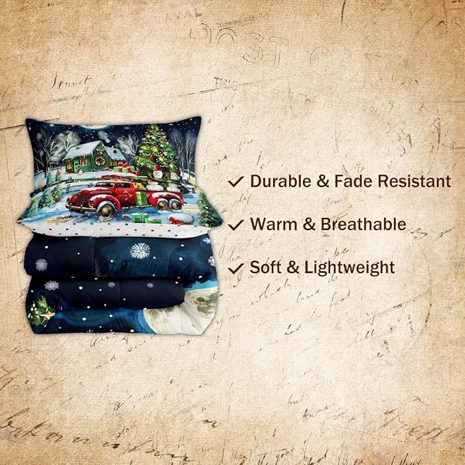Rustic Farmhouse Xmas Comforter Set Twin Size,Retro Red Truck Snowman Bedding Set for Kids Boys Girls Room Decor,Snowflake Cabin Christmas Tree Quilt Set 2Pcs,Xmas Theme Duvet Insert,1 Pillowcase