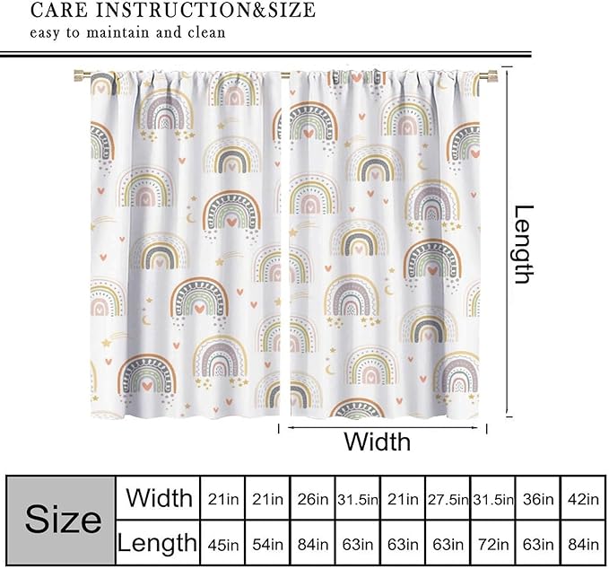 Kids Rainbow Curtains Boho Cartoon Colorful Stars Love Heart Lovely Abstract Art Pattern Print Window Drapes for Girl Bedroom Living Room Kitchen Decor,2 Panel Set,42Wx54H Inch Blackout
