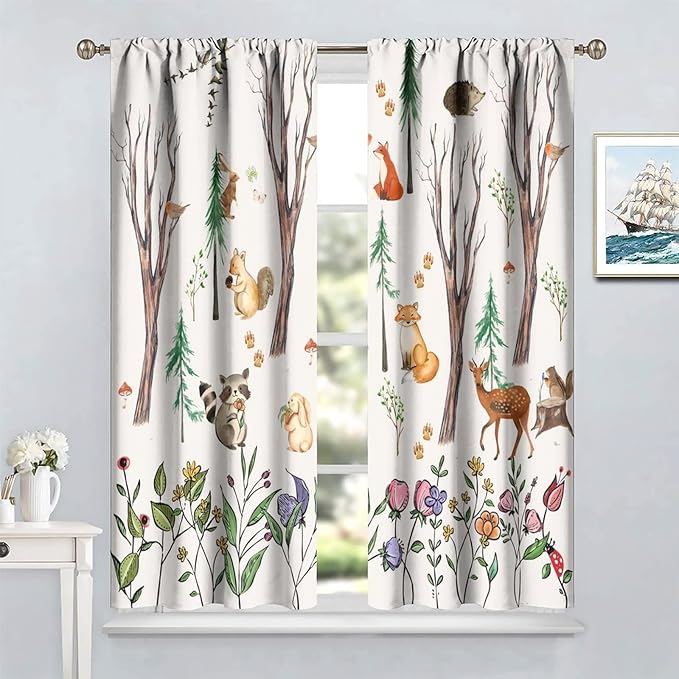 Forest Animal Kids Curtains, Watercolor Cartoon Window Treatments, Cute Animal Floral Girl Toddler Home Bedroom Living Room Drapes 42x54 Inch