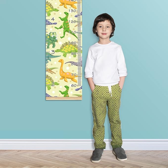 Personalized Kids Name Growth Chart Ruler for Wall Wood Frame Height Measure Chart 13.4x56 in Linen Hanging Height Growth Chart Cartoon Dinosaur Animal Kids Room Decor