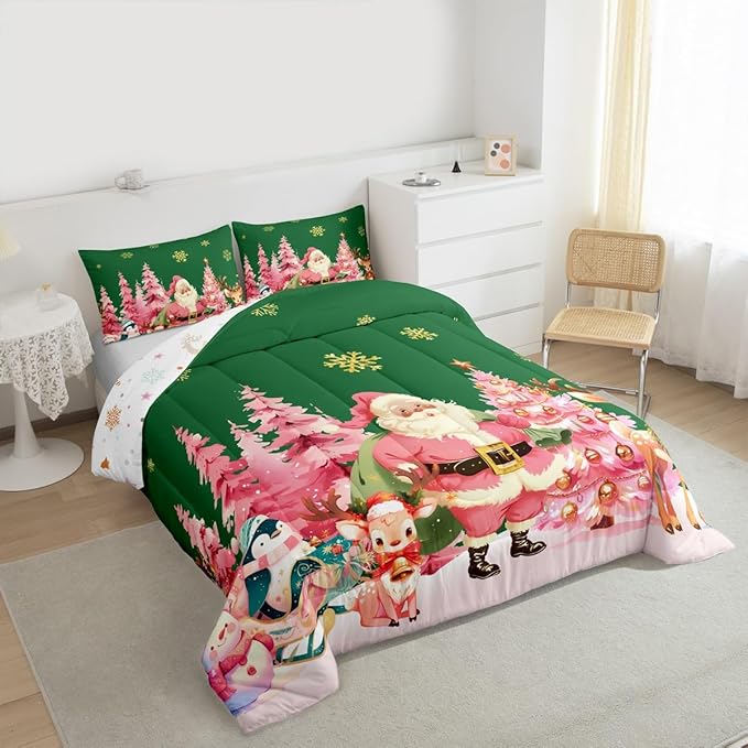 jejeloiu Merry Christmas Comforter Set Queen Size Santa Claus Bedding Set for Kids Boys Girls Cute Deer Duvet Quilt Green Bedroom Decor