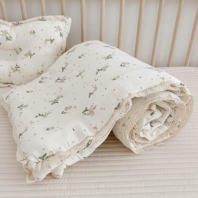 BuLuTu Shabby Chic Floral Toddler Comforter Quilt Cotton Muslin Kids Blankets Sweet Laurel Design Beige Toddler/Twin Bed Blanket for Unisex Baby Toddler Boys Girls, 60"x78"