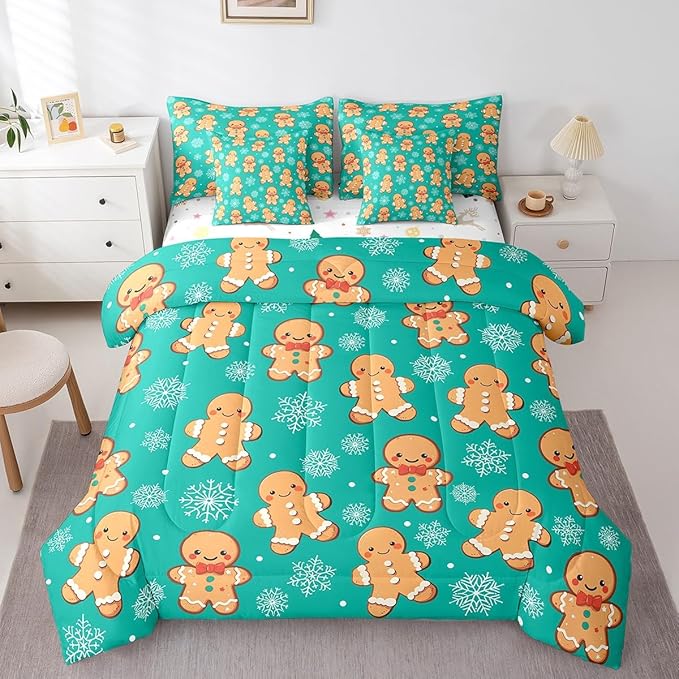 Erosebridal Christmas Gingerbread Twin Bedding Set 7 Piece,Cute Gingerbread Man Bed in A Bag for Kids,Xmas Snowflake Comforter Set Kawaii Xmas Sheet Set with Comforter,Green Christmas Decoration