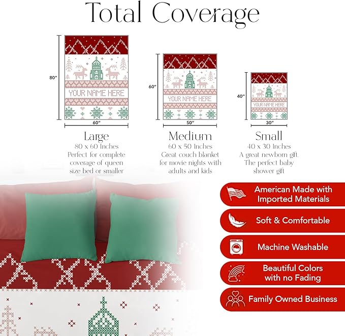 Personalized Christmas Stitch Style Blanket - Ships Next Day from USA - Fleece or Sherpa, Soft Sofa Throw, Customizable Family Throws, Holiday Home Decor, Cozy Christmas Bedding (Fleece 30x40)