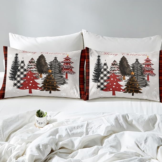 Merry Christmas Duvet Cover Set Queen Size,Xmas Tree Winter Snowflake Cabin Rustic Bedding Set,Boys Girls Room Decor,Geometric Grids Patch Comforter Cover,Grey Quilt Cover,2 Pillowcases,No Comforter
