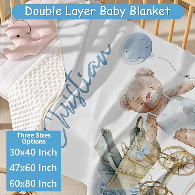 Custom Baby Crib Bedding Set for Boys Girls, 5 Pcs Personalized Blue Bear Baby Crib Sets with Name, Nursery Bedding Set, Double Layer Blanket, Newborn, Infants & Toddlers Customized Gifts