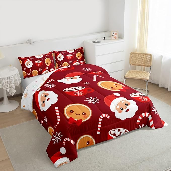 Feelyou Merry Christmas Comforter Set King Size Santa Claus Bedding Set for Kids Boys Girls Gingerbread Man Duvet Quilt Snowflake Bedroom Decor Microfiber 3 Pcs with 2 Pillow Cases