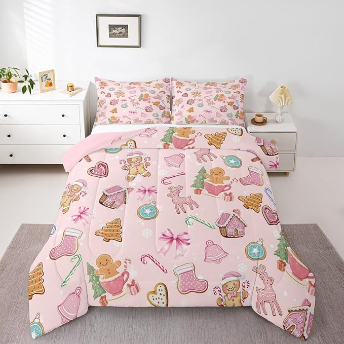 Merry Christmas Kids Comforter Set Twin Size,Gingerbread Man Elk Deer Bowknot Bedding Set Room Decor,Cute Girly Bow Tie Xmas Tree Quilt Comforter,Pink Colorful Duvet Set Bedroom Quilt Set,1 Pillowcase