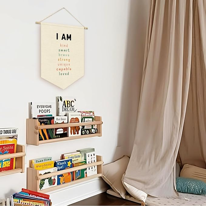 Affirmations Wall Hanging Art for Kids, Nursery Decor, I am Enough, Classroom Decor Canvas Banner, I am Kind Smart Loved, Kids Affirmations Nursery Wall Art Canvas Hanging Pennant Flag Banner