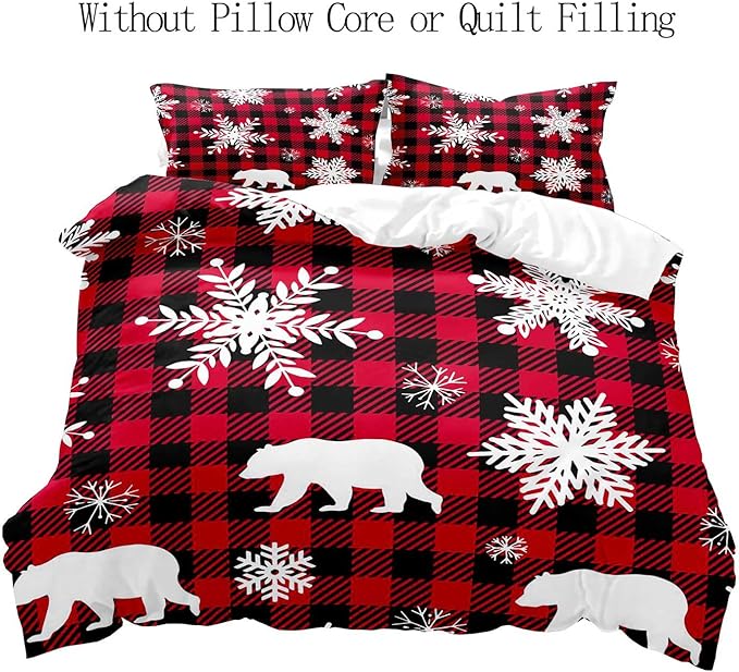 LUVIVIHOME 3PCS Christmas Duvet Cover Queen Bedding Set, White Snowflake Bear Woodland Animals Cabin Lodge Holiday New Year Xmas Checkered Black Red Buffalo Plaid Comforter Quilt Cover, 2 Pillow Cases