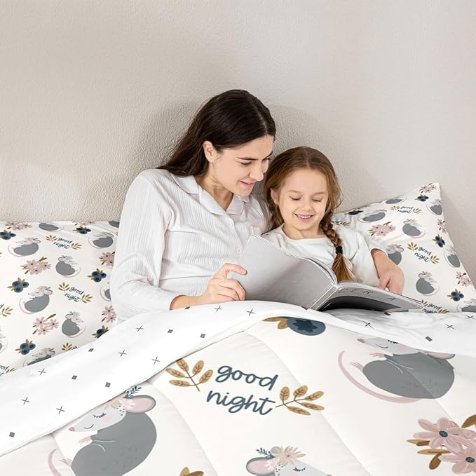 Castle Fairy Watercolor Flower Plant Boys Girls Comforter Set Full Size,Cute Opossum Duvet Set Teens Bedroom Decor,Cartoon Animals Microfiber Soft Bedding