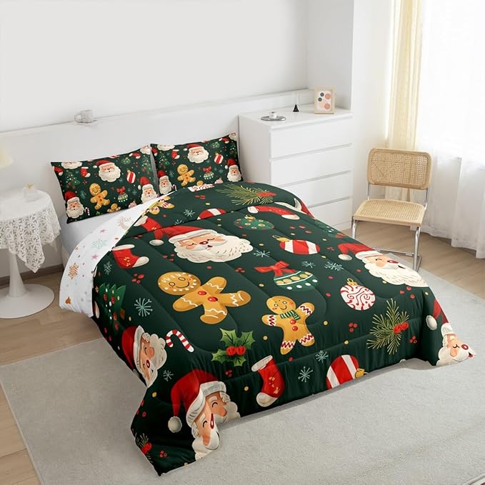 Feelyou Christmas Bedding Set Soft for Boys Girls, Santa Xmas Tree Comforter Set King Size Gingerbread Man Duvet Quilt Microfiber Snowflake Stockings Bedroom Decor 3 Pcs with 2 Pillow Cases