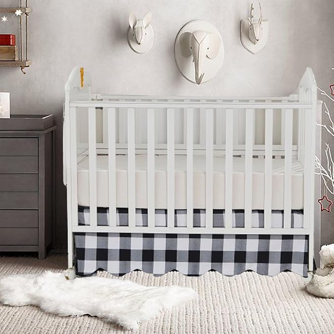 Brandream Scallop Edge Crib Skirt, Baby Boy Girl Gender Neutral Crib Skirt Toddler Bedskirt Farmhouse Chic Nursery Crib Bed Skirt, Boho Bohemian Solid Black White Plaid Buffalo Check bedskirt