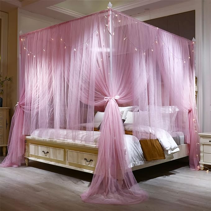 VETHIN 4 Corners Post Princess Bed Canopy Curtain Double Layer Cozy Drape Netting 4 Opening Mosquito Net for Girls & Adults Bedroom Decoration Accessories (Double Pink, 64" W*82" L*82"*H/(Queen))