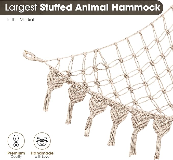 Extra Large Stuffed Animal Hammock with LED Lights 100% Natural Cotton Macrame Toy Storage Net for Plushies & Squishmallows Boho Macrame Corner Organizer for Kids’ Room or Nursery (Beige)