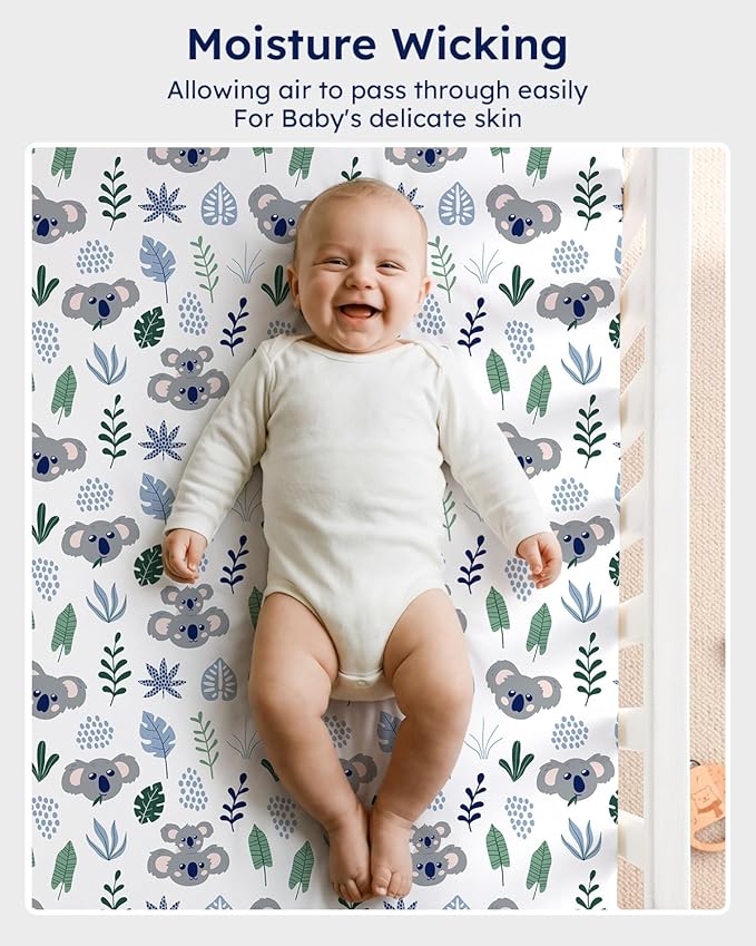 Pack and Play Sheets Fitted, 3 Pack Soft Stretchy Baby Mini Crib Sheets for Pack N Play Mattress and Portable Playard Sheets for Boys and Girls Blue Stars Koala